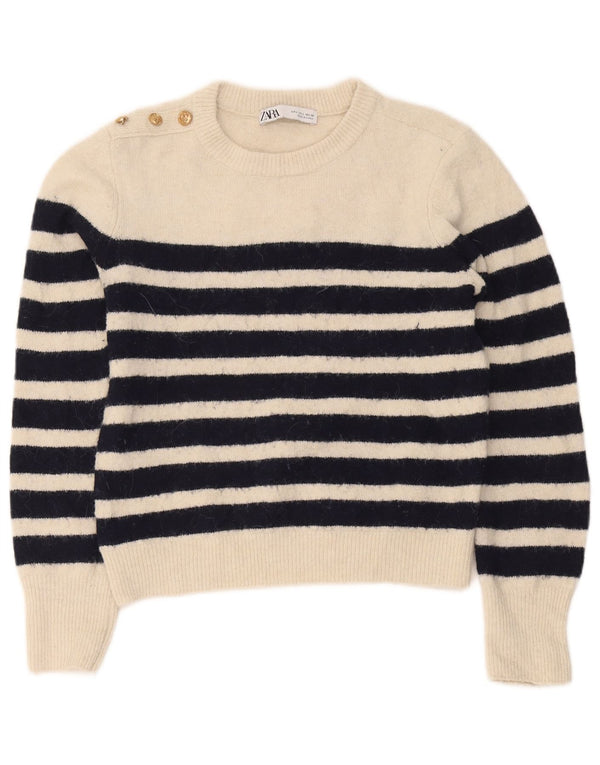 Zara γυναικείο πουλόβερ με λαιμόκοψη UK 14 Large Off White ριγέ
