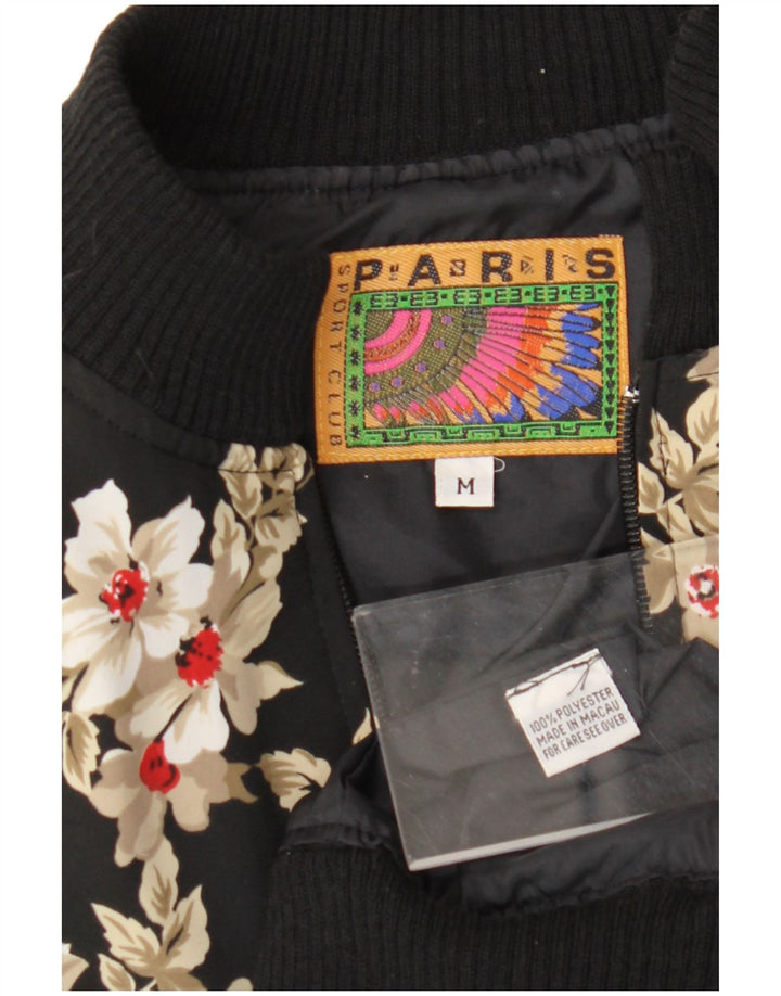 Vintage Γυναικείο Loose Fit Bomber Jacket UK 14 Medium Black Floral Polyester