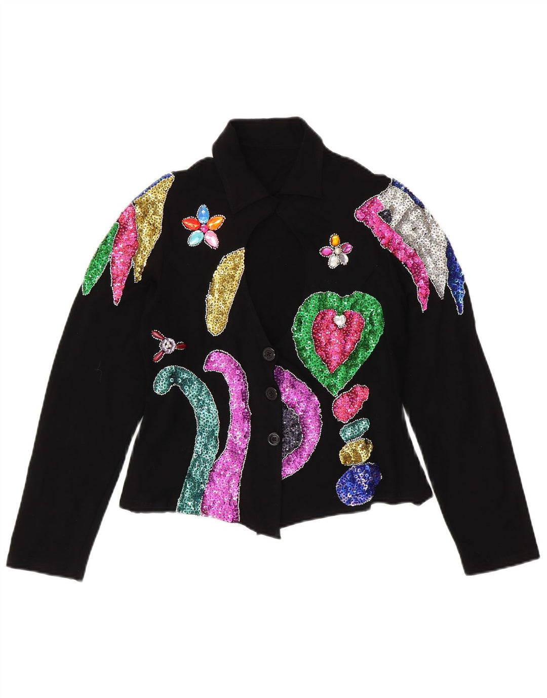 VINTAGE Γυναικείο πουκάμισο Crop Μπλούζα UK 12 Medium Black Floral Spandex