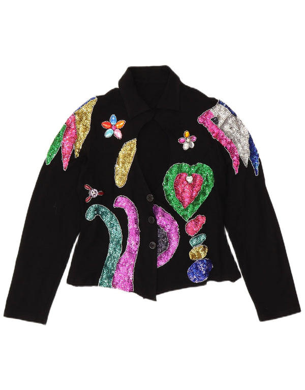 VINTAGE Γυναικείο πουκάμισο Crop Μπλούζα UK 12 Medium Black Floral Spandex