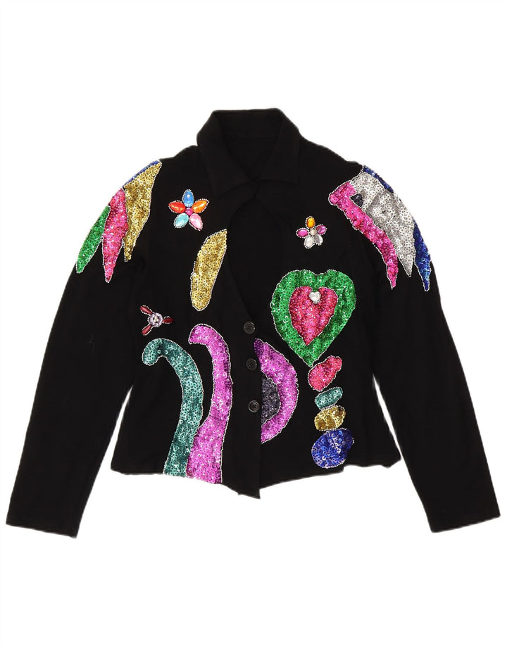 VINTAGE Γυναικείο πουκάμισο Crop Μπλούζα UK 12 Medium Black Floral Spandex