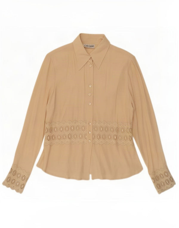 Vintage Womens Shirt Blouse UK 12 Medium Beige Floral Acetate