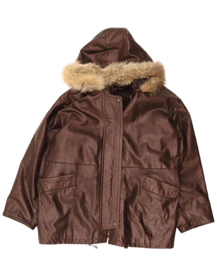 Vintage Γυναικείο Δερμάτινο Μπουφάν Oversized με Κουκούλα IT 48 XL Καφέ