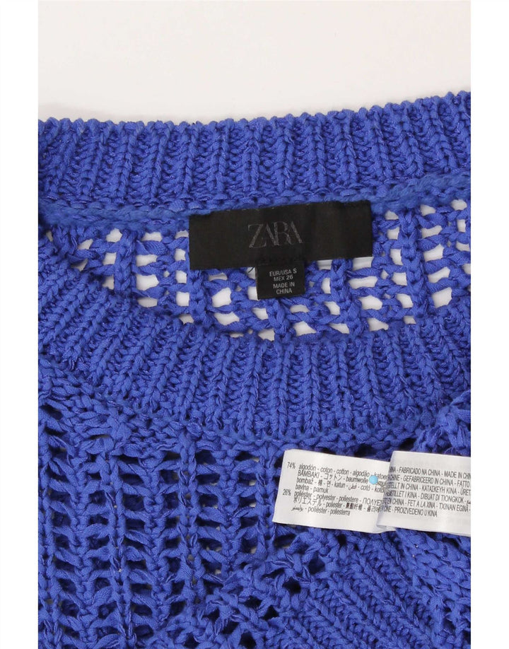 Zara Γυναικεία Oversized See Through Knit Crop Top UK 10 Small Blue Cotton
