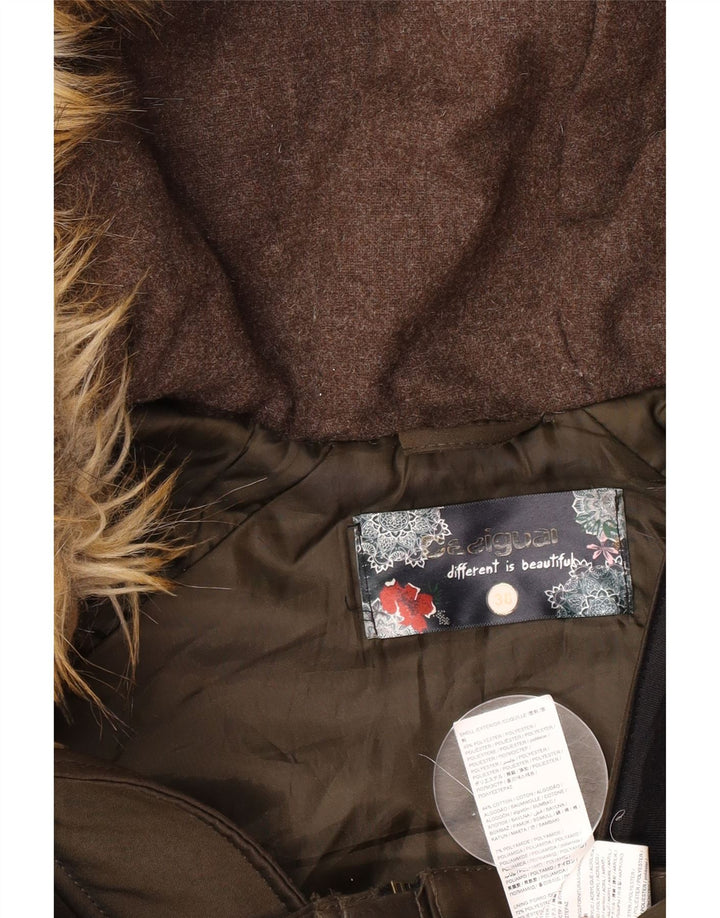 Desigual Γυναικείο Μπουφάν Parka με κουκούλα γραφικών EU 38 από μεσαίο χακί βαμβάκι