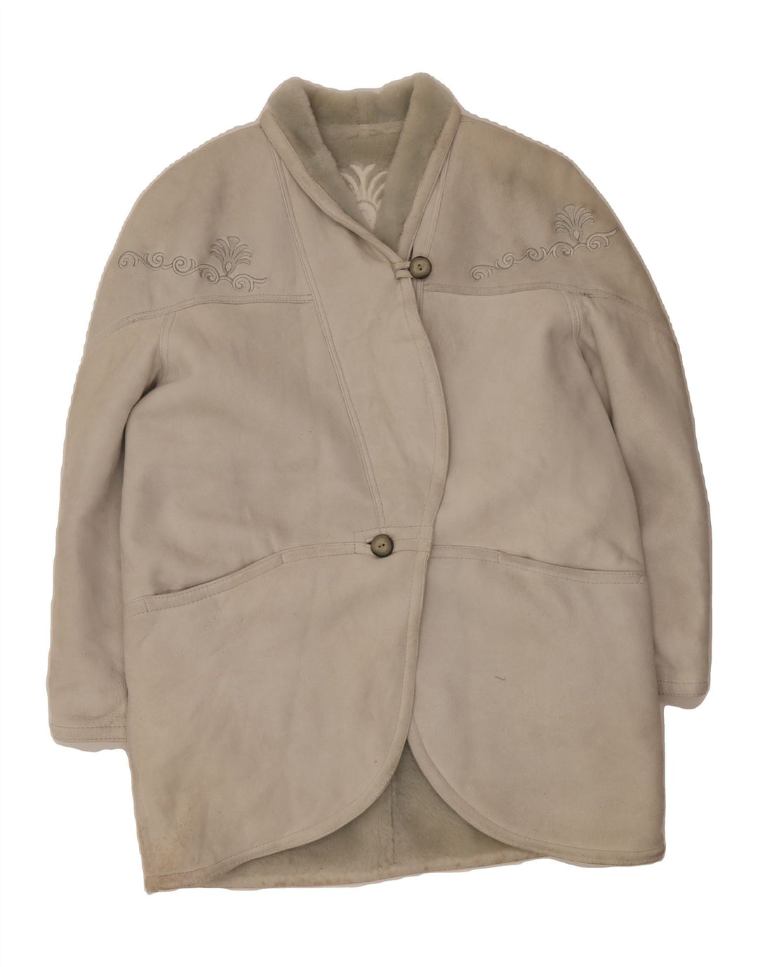 VINTAGE Womens Shearling Coat IT 46 Large Beige Floral Shearling Vintage Vintage and Second-Hand Vintage from Messina Hembry 