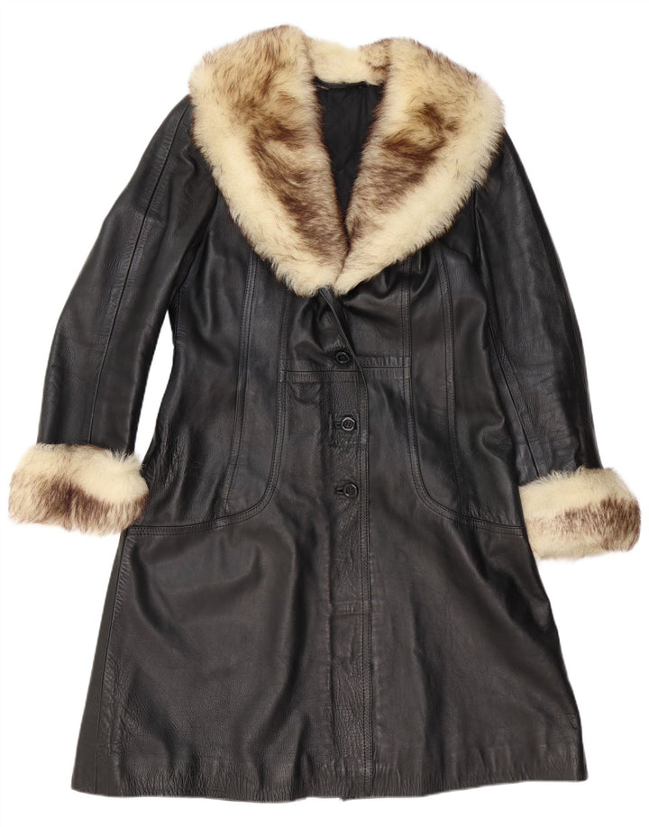 VINTAGE Γυναικείο Δερμάτινο Παλτό UK 12 Μεσαίο Μαύρο