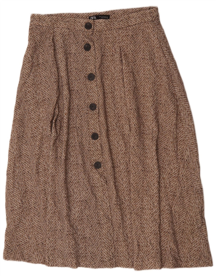 Zara Γυναικεία Midi Φούστα XL W32 Καφέ Chevron