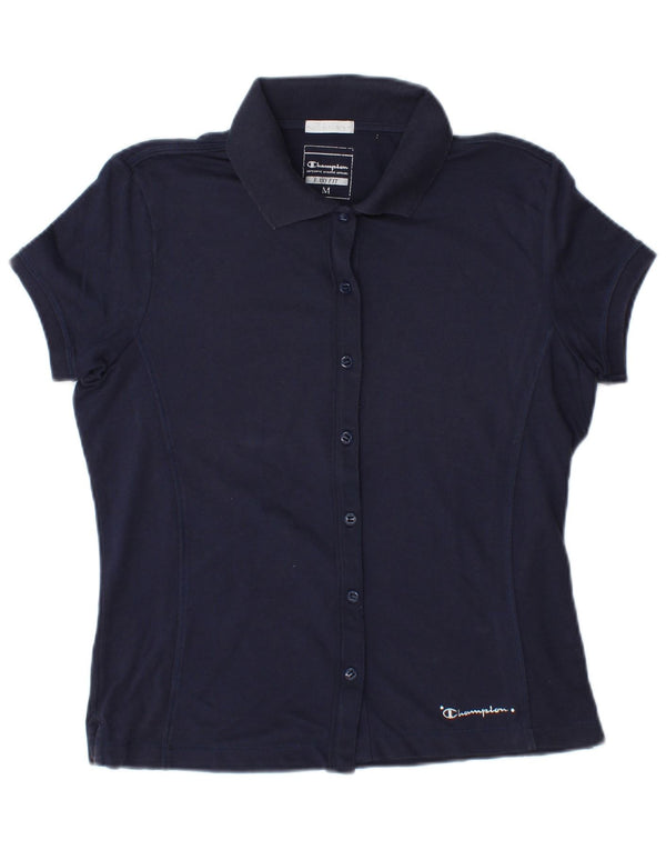 Champion Womens Easy Fit Short Sleeve Shirt UK 14 Medium Navy Blue Cotton