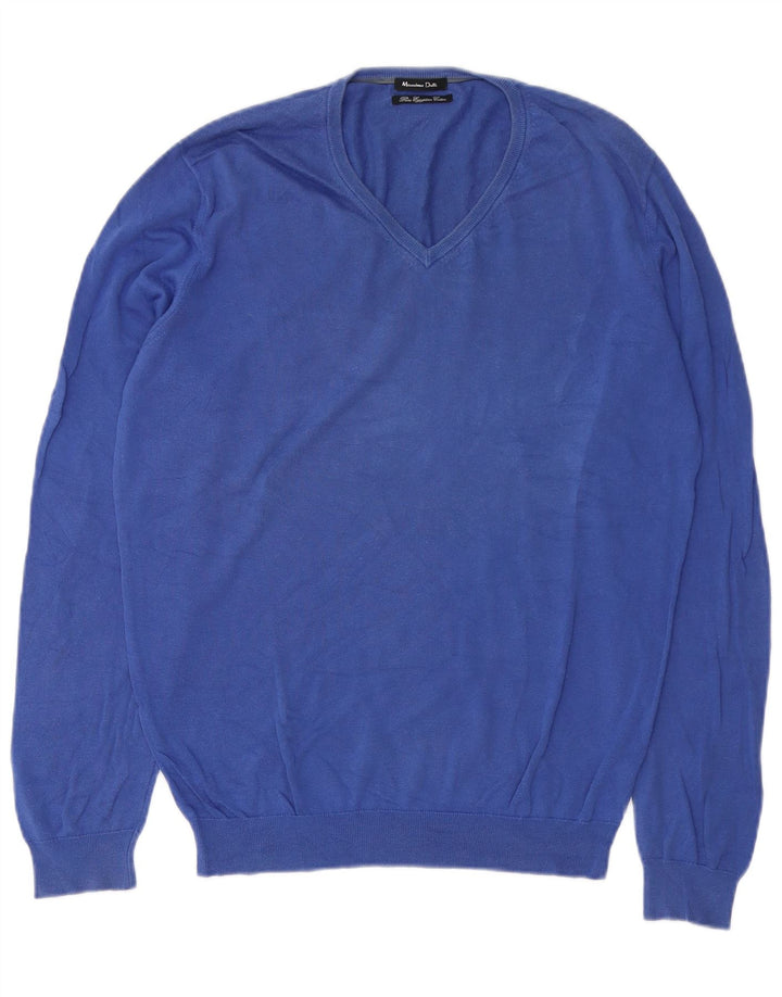 Ανδρικό πουλόβερ Massimo Dutti με V λαιμόκοψη, μεσαίο μπλε βαμβακερό
