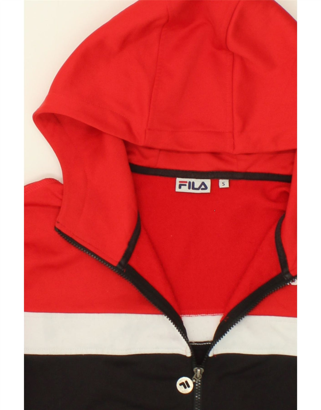 FILA Womens Zip Hoodie Sweater UK 10 Small Black Colourblock Polyester Vintage Fila and Second-Hand Fila from Messina Hembry 