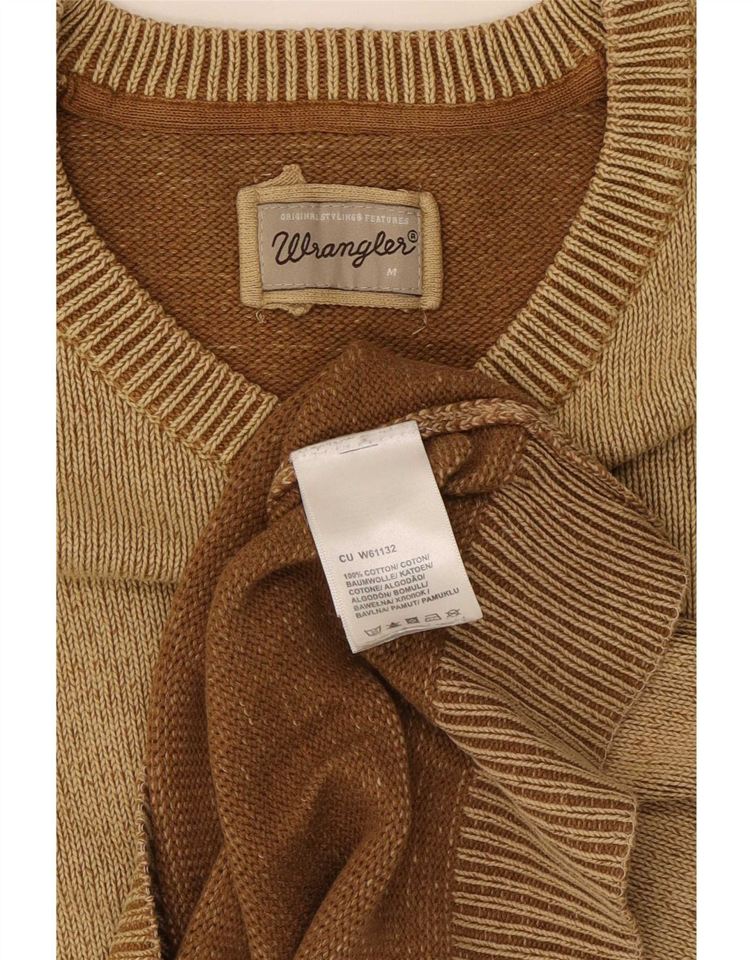 Ανδρικό πουλόβερ Wrangler με V λαιμόκοψη, μεσαίο καφέ βαμβακερό