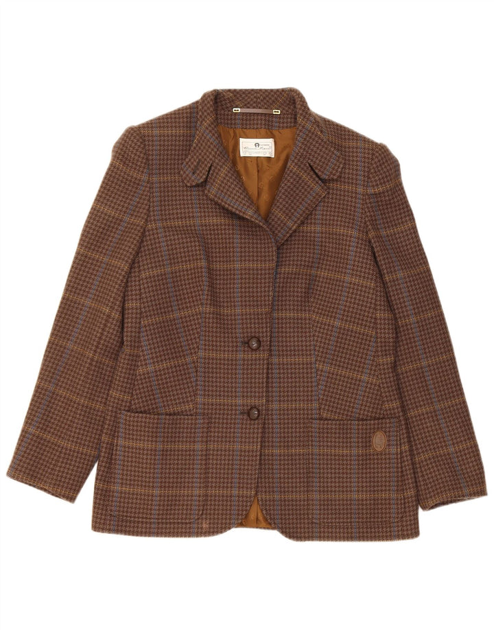Vintage γυναικείο μπουφάν σακάκι με 2 κουμπιά UK 10 Small Brown Check Wool
