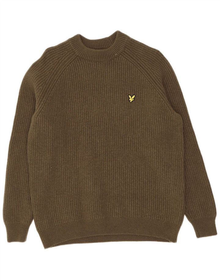 Ανδρικό πουλόβερ με λαιμόκοψη Lyle & Scott με μεσαίο χακί βαμβακερό