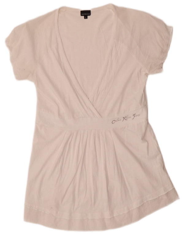 Calvin Klein Jeans Γυναικεία Μπλούζα Τοπ UK 14 Large Λευκό Βαμβακερό