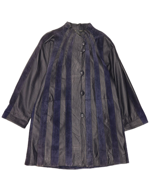 Vintage γυναικείο δερμάτινο παλτό UK 14 Medium Navy Blue ριγέ