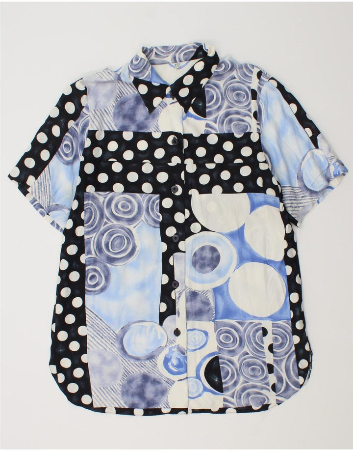 Vintage γυναικείο κοντομάνικο πουκάμισο μπλούζα UK 14 μεγάλο μπλε συνονθύλευμα βισκόζη