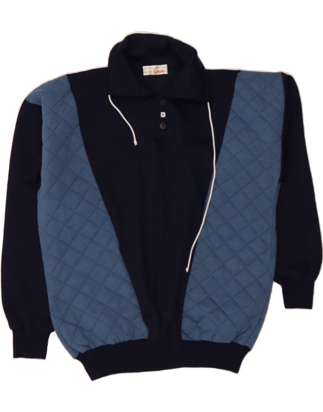VINTAGE Mens Polo Neck Jumper Sweater Medium Navy Blue Colourblock Vintage Vintage and Second-Hand Vintage from Messina Hembry 