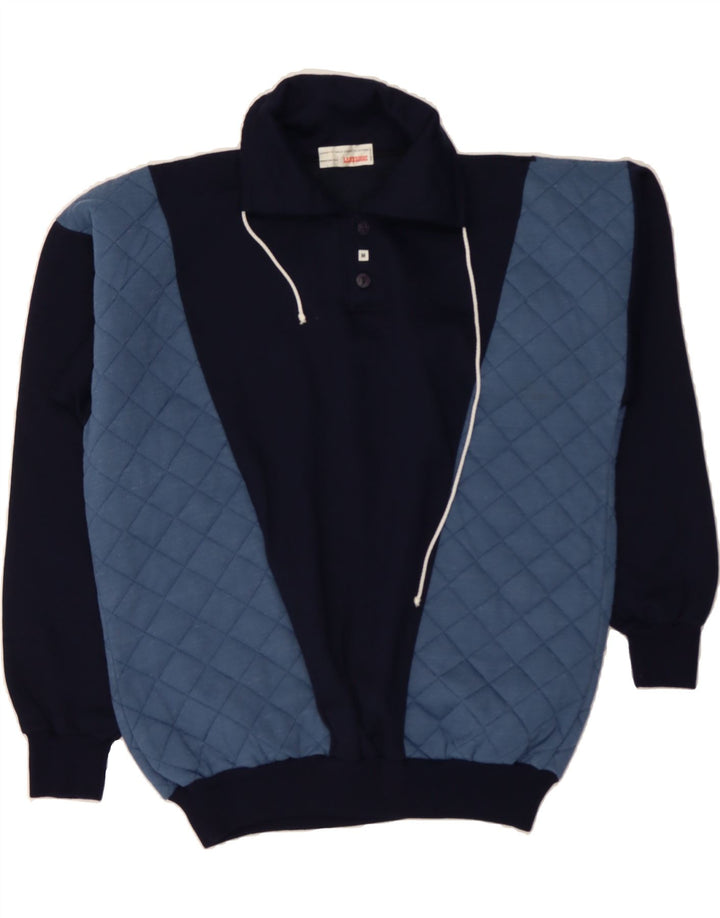 VINTAGE Mens Polo Neck Jumper Sweater Medium Navy Blue Colourblock Vintage Vintage and Second-Hand Vintage from Messina Hembry 