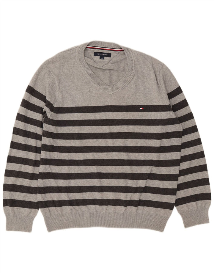 Tommy Hilfiger Ανδρικό πουλόβερ με λαιμόκοψη με λαιμόκοψη, μεσαίο γκρι βαμβακερό ριγέ