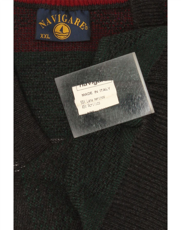 NAVIGARE Ανδρικό πουλόβερ με λαιμόκοψη 2XL πράσινο Argyle/Diamond μαλλί Merino