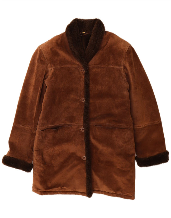 Vintage γυναικείο παλτό μεγάλου μεγέθους Shearling UK 10 Small Brown Leather