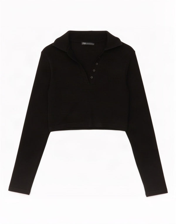Zara Γυναικείο μακρυμάνικο μπλουζάκι πόλο UK 12 Medium μαύρο