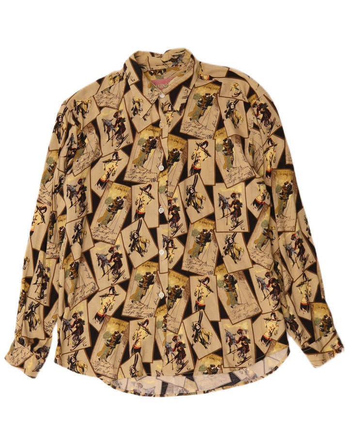HANAITI Γυναικείο γραφικό πουκάμισο μπλούζα UK 14 Medium Beige Patchwork Viscose