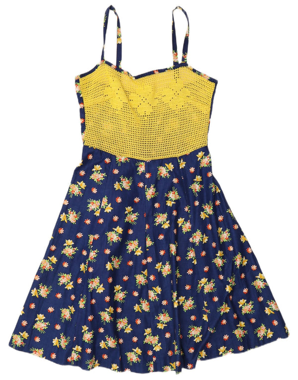 Vintage γυναικείο αμάνικο φόρεμα A-Line UK 10 Small Navy Blue Floral