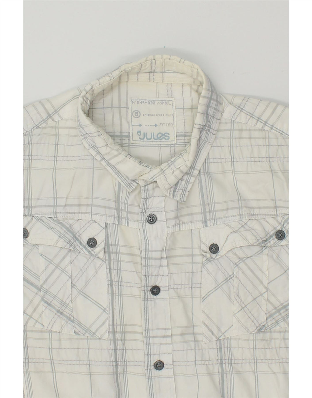 JULES Mens Fitted Short Sleeve Shirt XL White Check Cotton Vintage Jules and Second-Hand Jules from Messina Hembry 