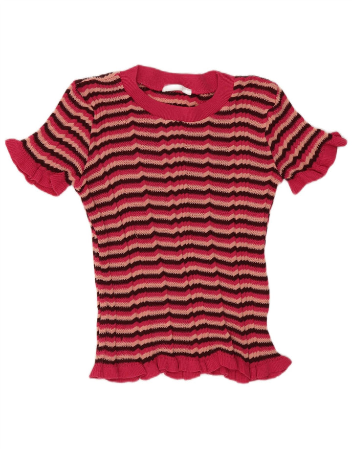 Zara Γυναικείο T-Shirt Top UK 8 Small Pink ριγέ πολυεστέρας