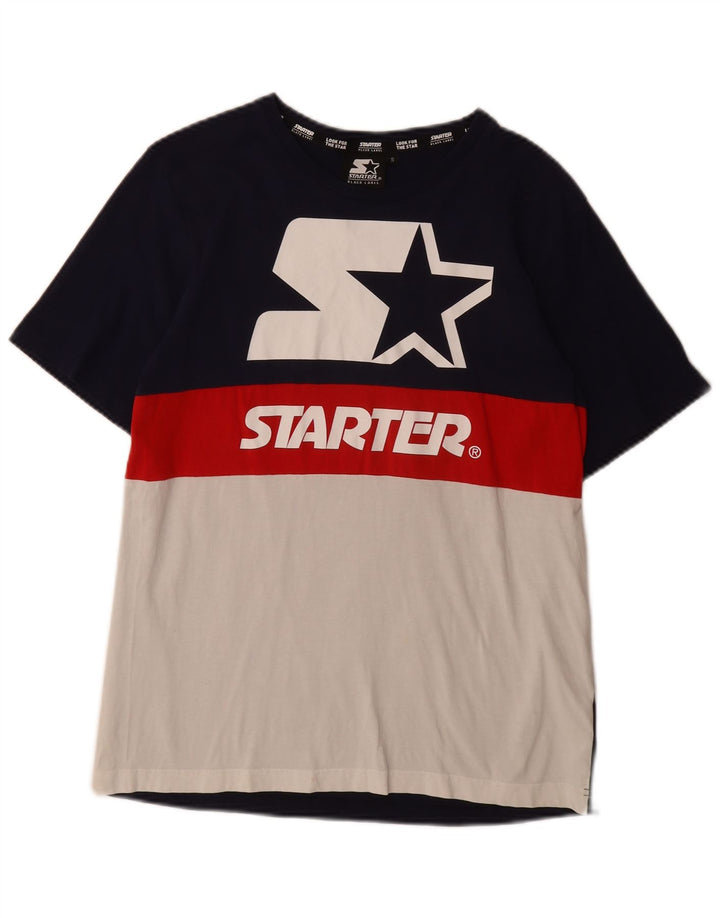 STARTER Mens BLACK LABEL Graphic T-Shirt Top Small Navy Blue Colourblock