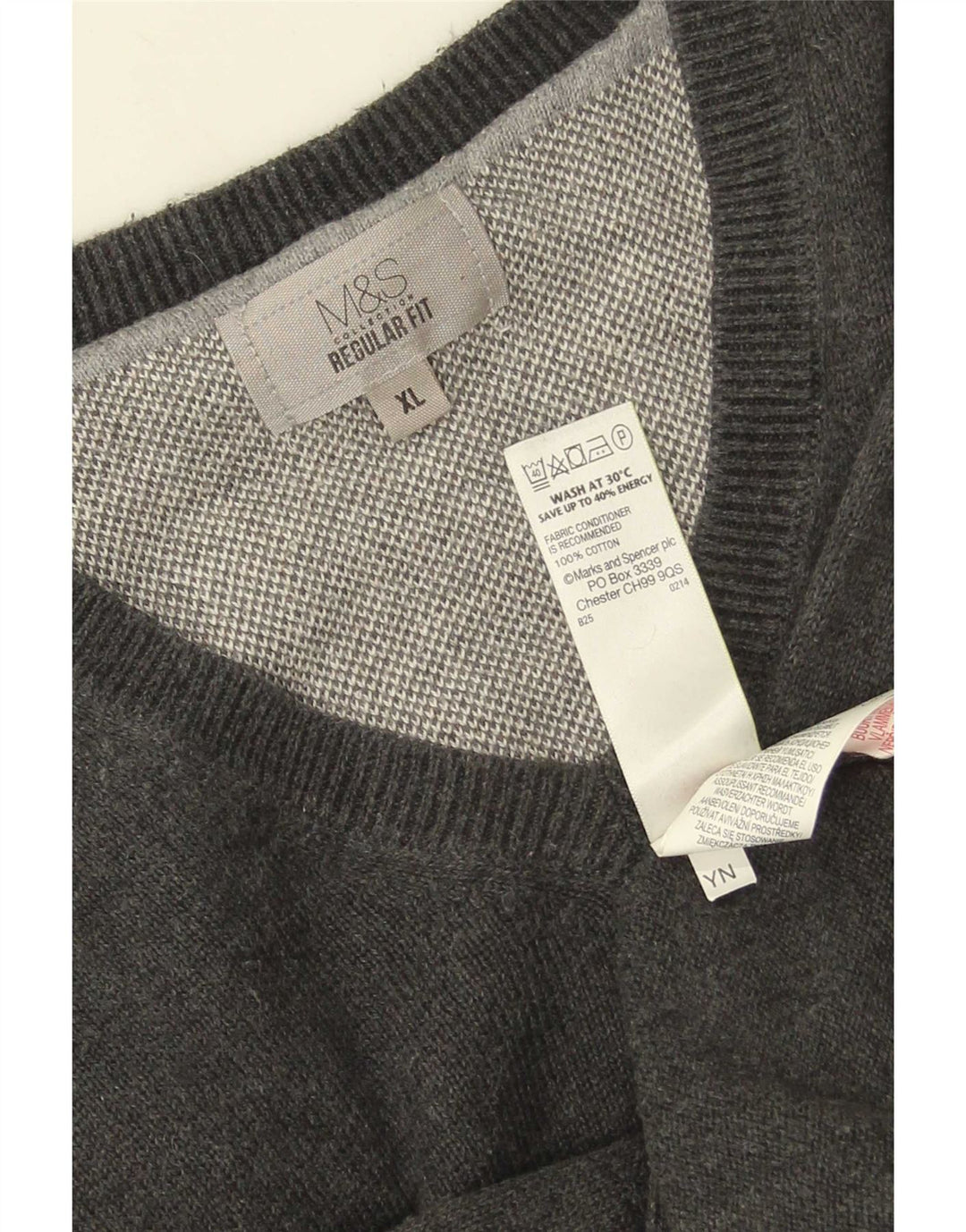 Marks & Spencer Ανδρικό πουλόβερ με κανονική εφαρμογή με λαιμόκοψη XL γκρι βαμβακερό
