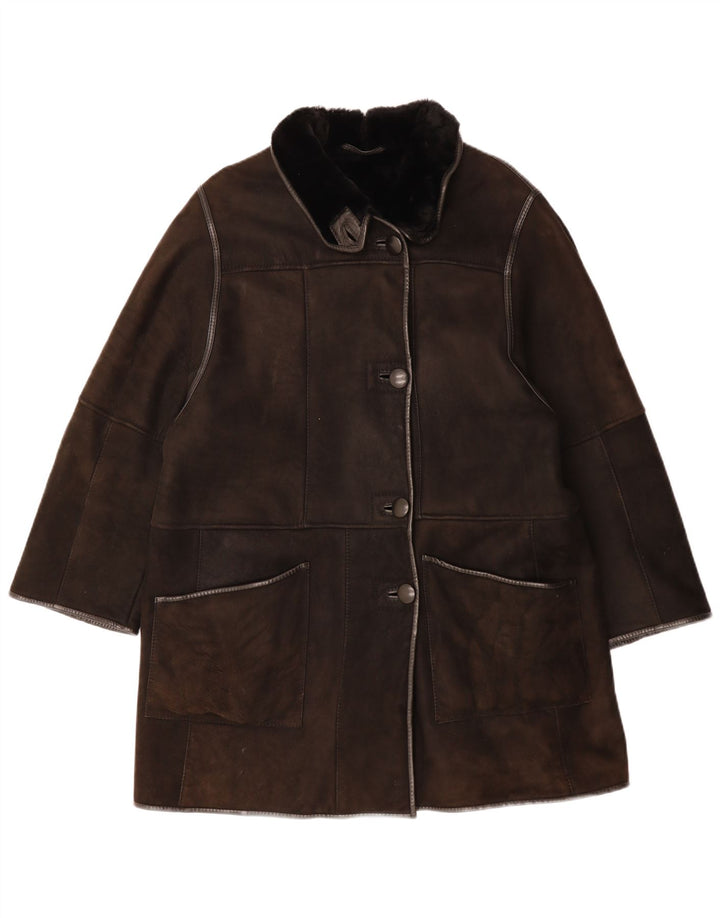 VINTAGE Γυναικείο Παλτό Shearling UK 14 Μεγάλο Δερμάτινο Καφέ