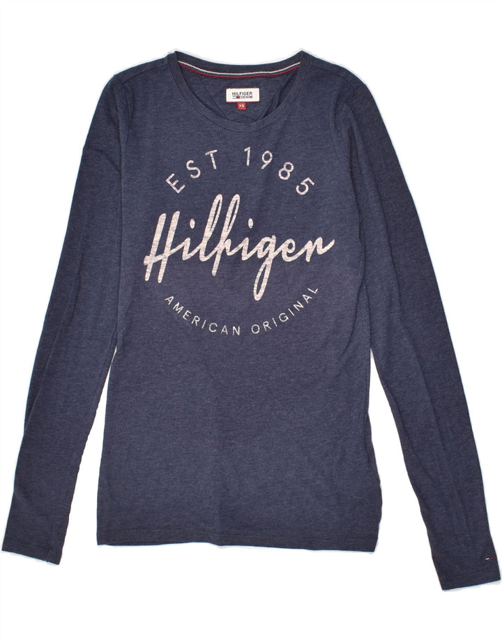 TOMMY HILFIGER Womens Graphic Top Long Sleeve UK 6 XS Navy Blue Cotton | Vintage Tommy Hilfiger | Thrift | Second-Hand Tommy Hilfiger | Used Clothing | Messina Hembry 