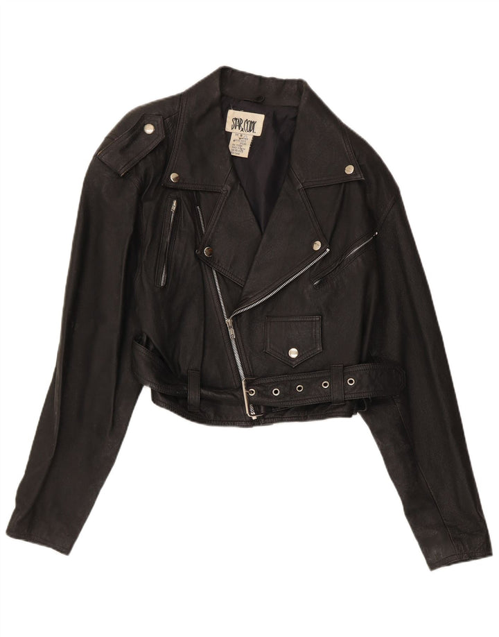 Vintage Γυναικείο Crop Leather Biker Jacket UK 10 Small Black Leather