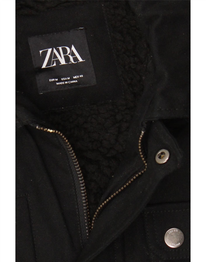 Zara Mens Sherpa Utility Jacket UK 38 Medium Black Cotton