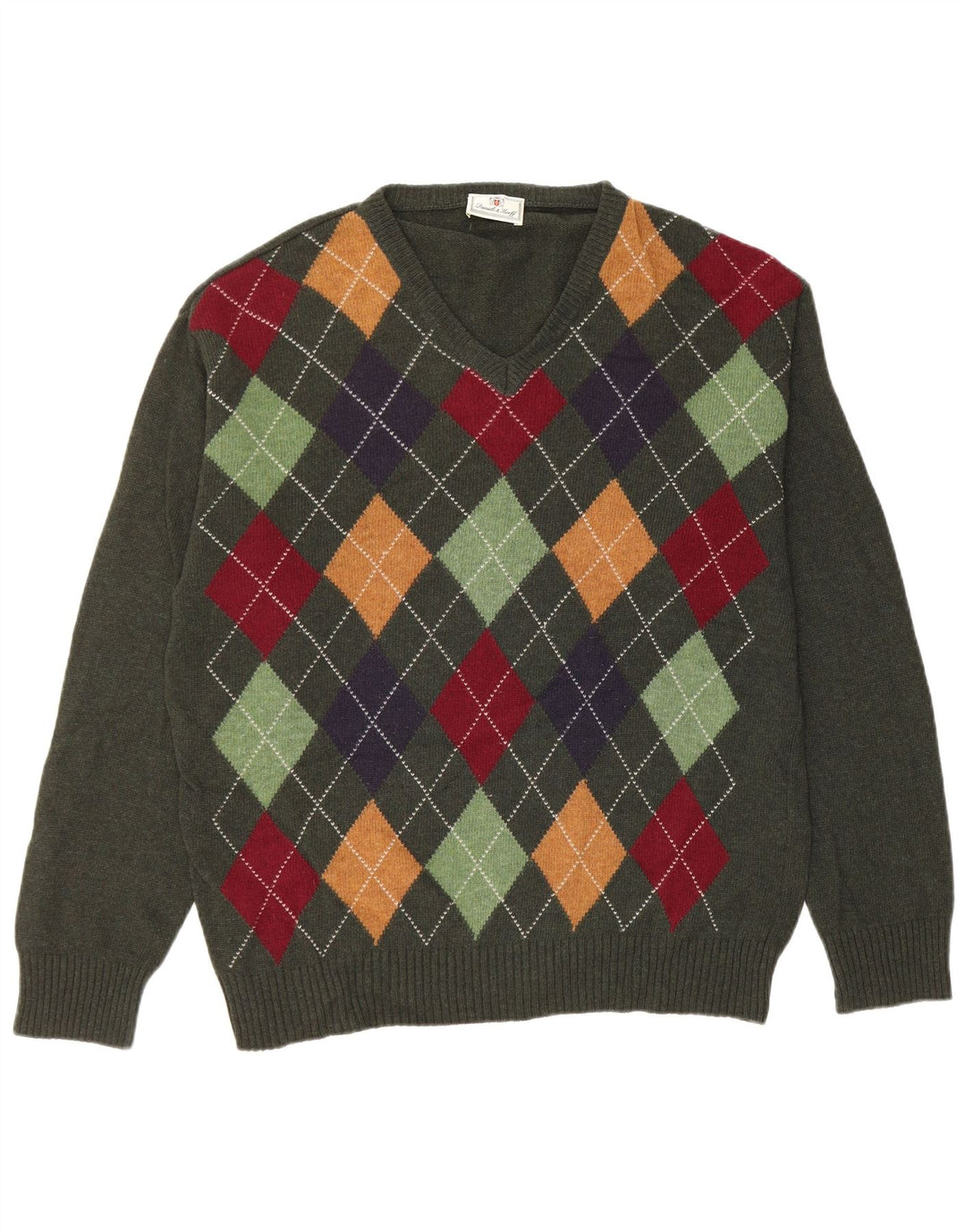 VINTAGE Ανδρικό πουλόβερ με λαιμόκοψη σε μεσαίο πράσινο Argyle/Diamond New Wool