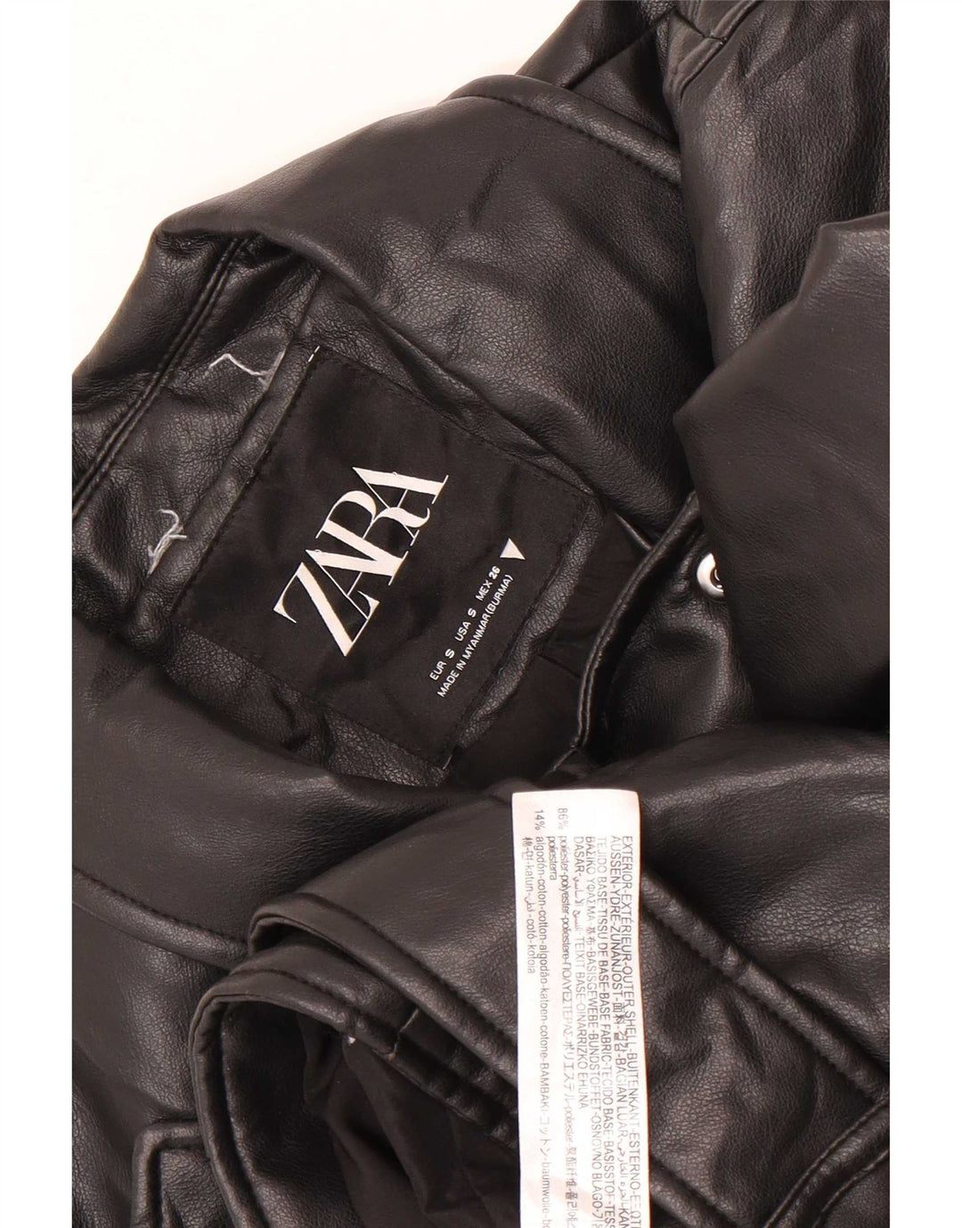 Zara Γυναικείο Faux Leather Biker Jacket UK 10 Small Black Polyester