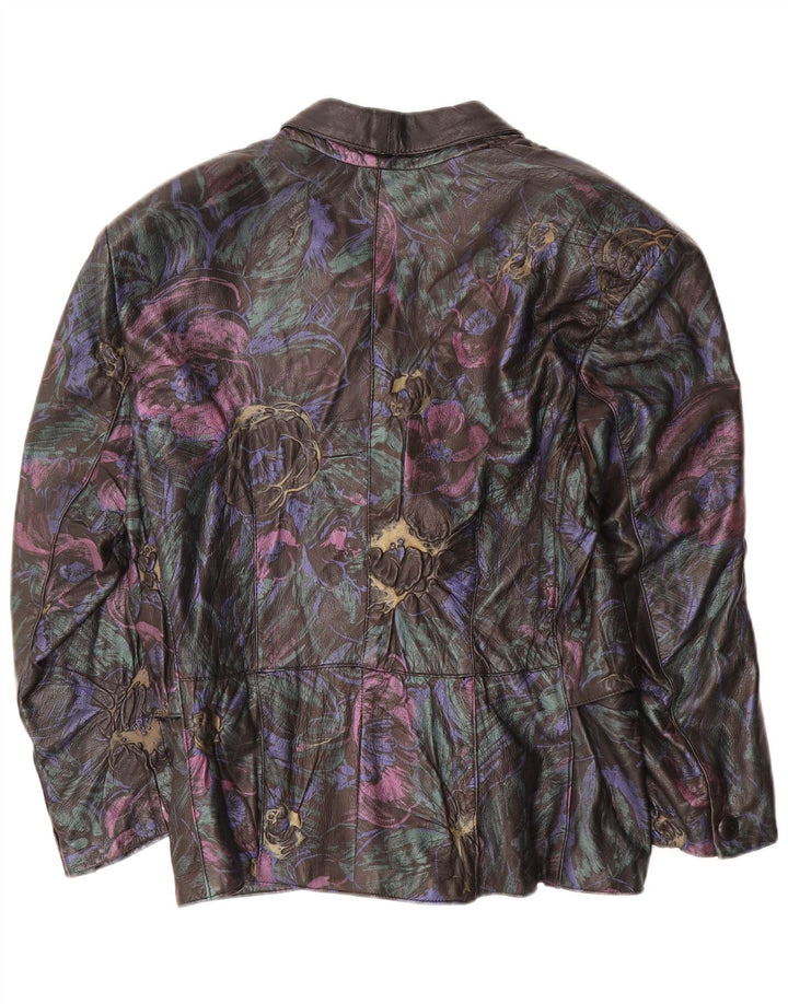 VINTAGE Γυναικείο Δερμάτινο Μπουφάν UK 16 Μεγάλο μαύρο φλοράλ δέρμα