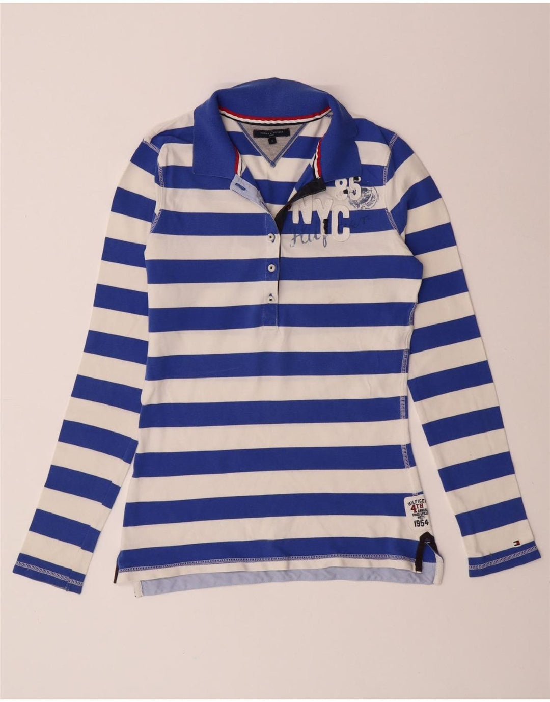 TOMMY HILFIGER Γυναικείο μπλουζάκι ράγκμπι πόλο UK 10 Small μπλε ριγέ