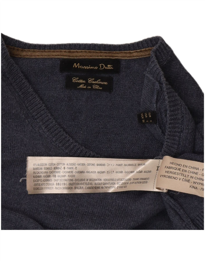 Massimo Dutti Ανδρικό πουλόβερ με λαιμόκοψη, μικρό μπλε βαμβακερό