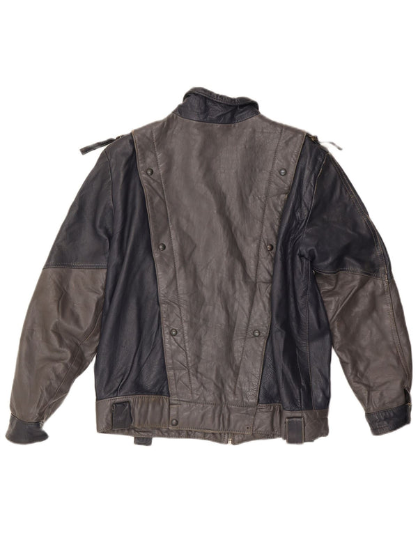 VINTAGE Γυναικείο Δερμάτινο Μπουφάν UK 14 Medium Grey Colourblock
