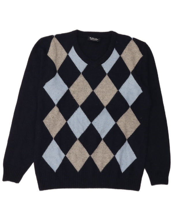 New Sensation Mens V-Neck Jumper Sweater Large Navy Blue Argyle/Diamond