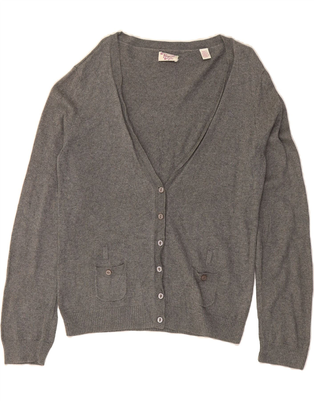 PENGUIN Womens Cardigan Sweater UK 16 Large Grey Cotton Vintage Penguin and Second-Hand Penguin from Messina Hembry 
