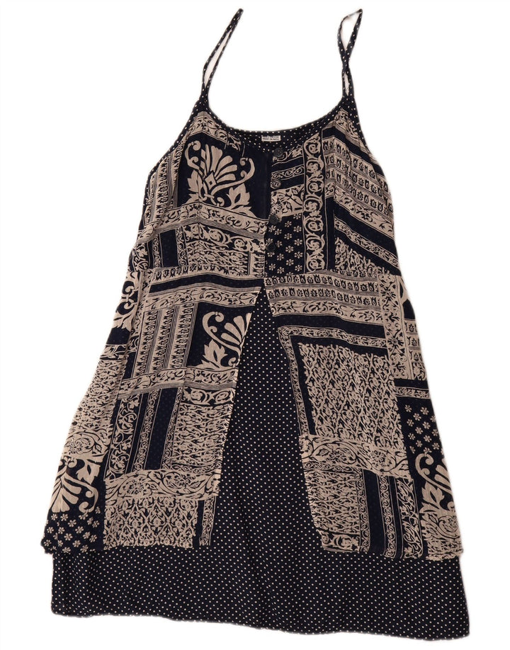 Vintage Γυναικείο Sundress UK 14 Large Navy Blue Patchwork Rayon