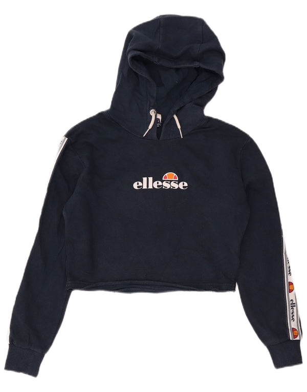 Ellesse Womens Graphic Crop Hoodie Jumper UK 4 XS Navy Blue Colourblock