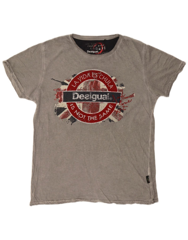 DESIGUAL Mens Graphic T-Shirt Top 2XL Grey Cotton