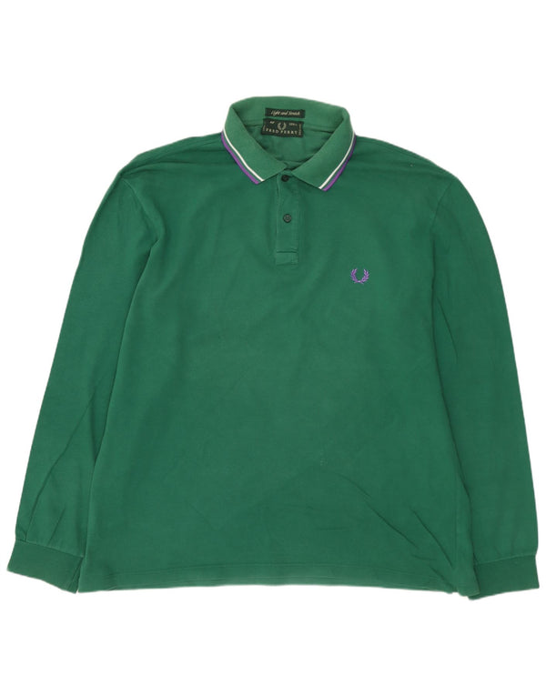 FRED PERRY Mens Long Sleeve Polo Shirt Large Green Cotton