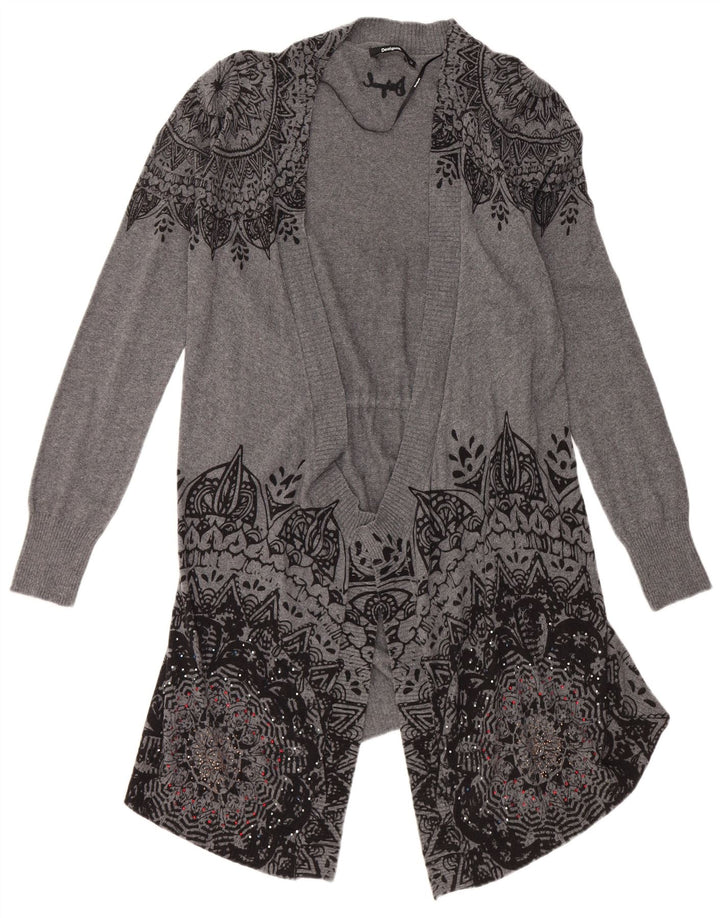 DESIGUAL Γυναικείο Longline ανοιχτό πουλόβερ ζακέτα UK 12 Medium Grey Floral